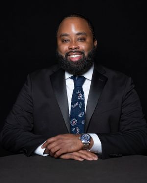 Professional headshots of a man in business suit and tie against dark background showing various poses.