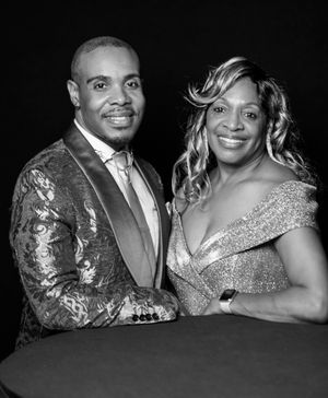 A series of black and white portrait photos showing a couple in formal attire with a sparkly dress and patterned jacket.