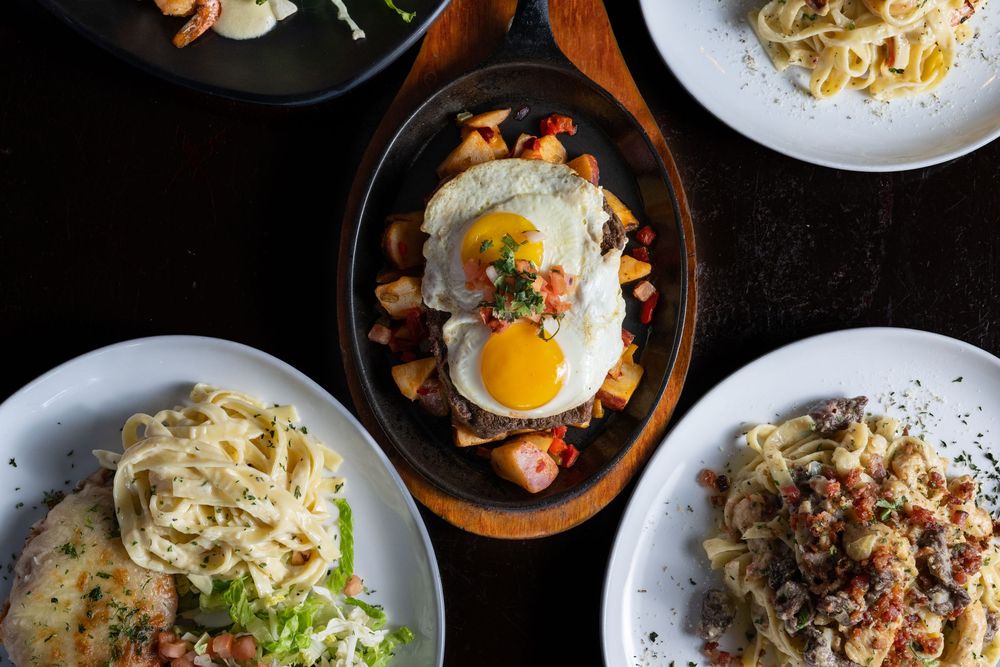 Various Asian noodle and rice dishes with eggs and toppings arranged in a collage style presentation.