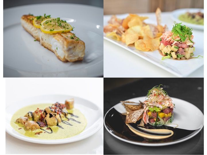 Elegantly plated seafood dishes featuring fish, scallops, and garnishes arranged on various white plates with sauces and herbs.