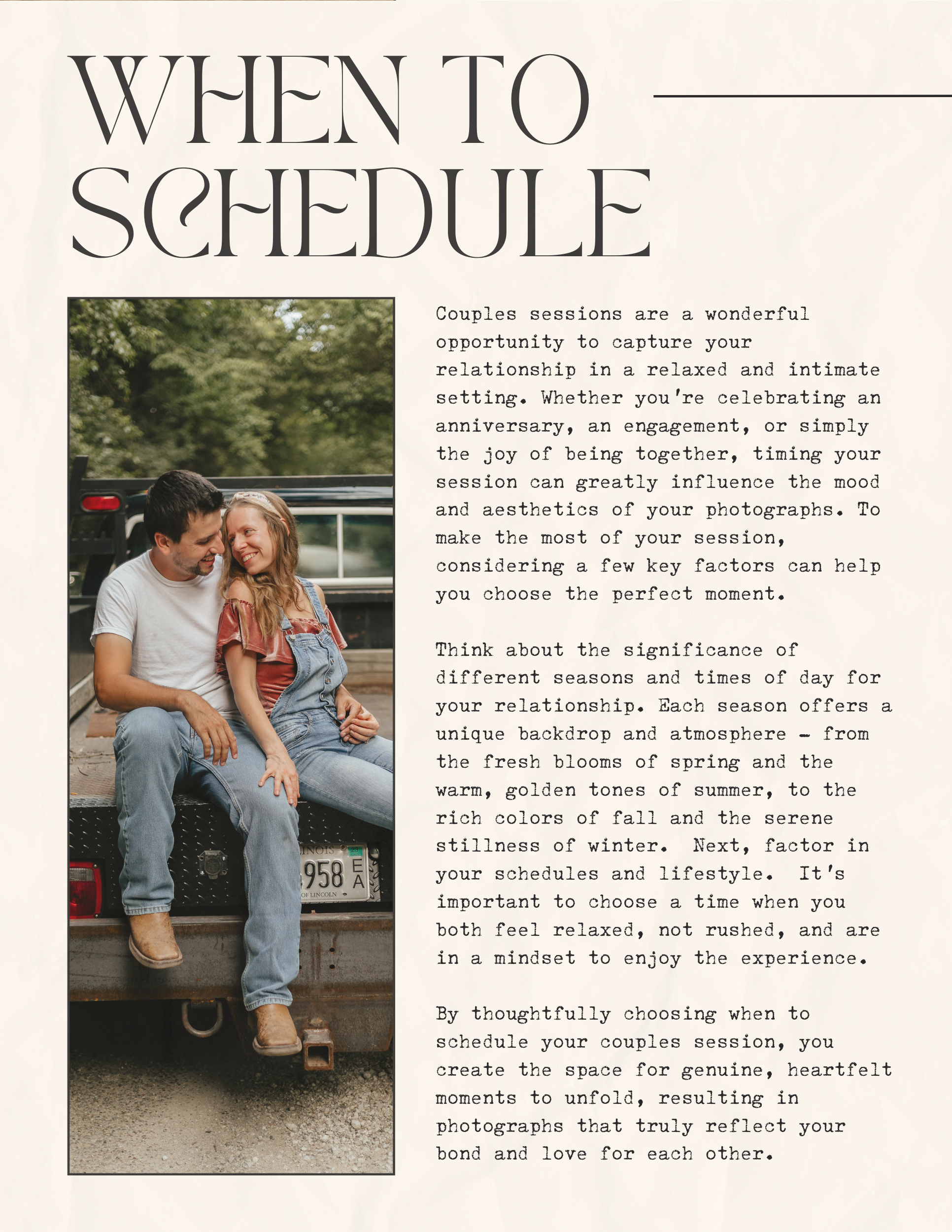 A couple sits together on wooden steps while reading a wedding photography brochure about session timing.