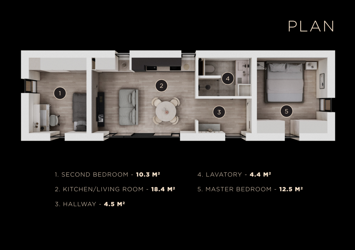 Top-down floor plan showing layout of bedrooms, living room, and hallway with measurements in dark theme.