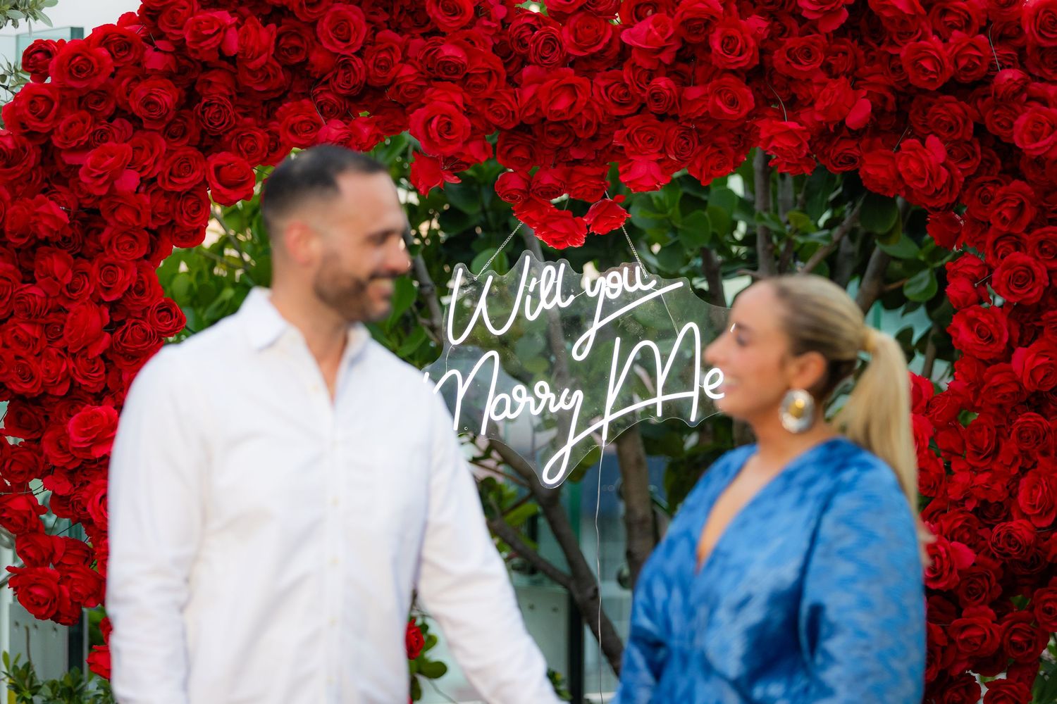 A heartfelt proposal scene unfolds under a grand arch of red roses with decorative text overlay.