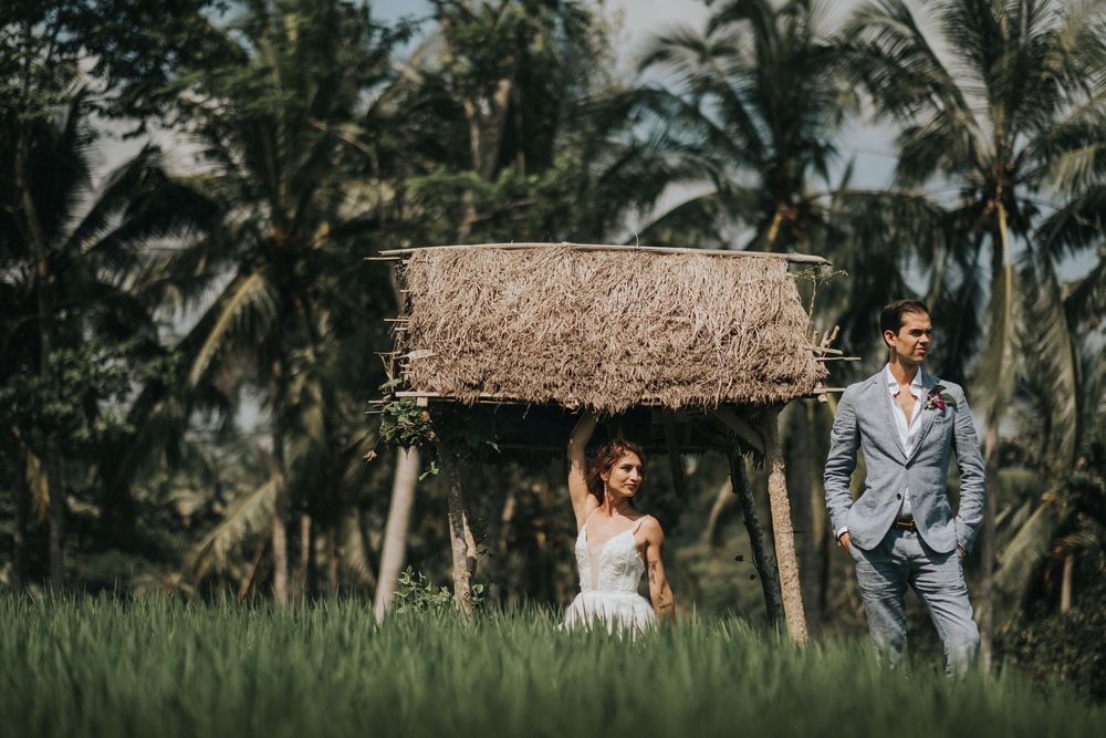 Wedding photo session in tropical setting with palm trees and greenery.