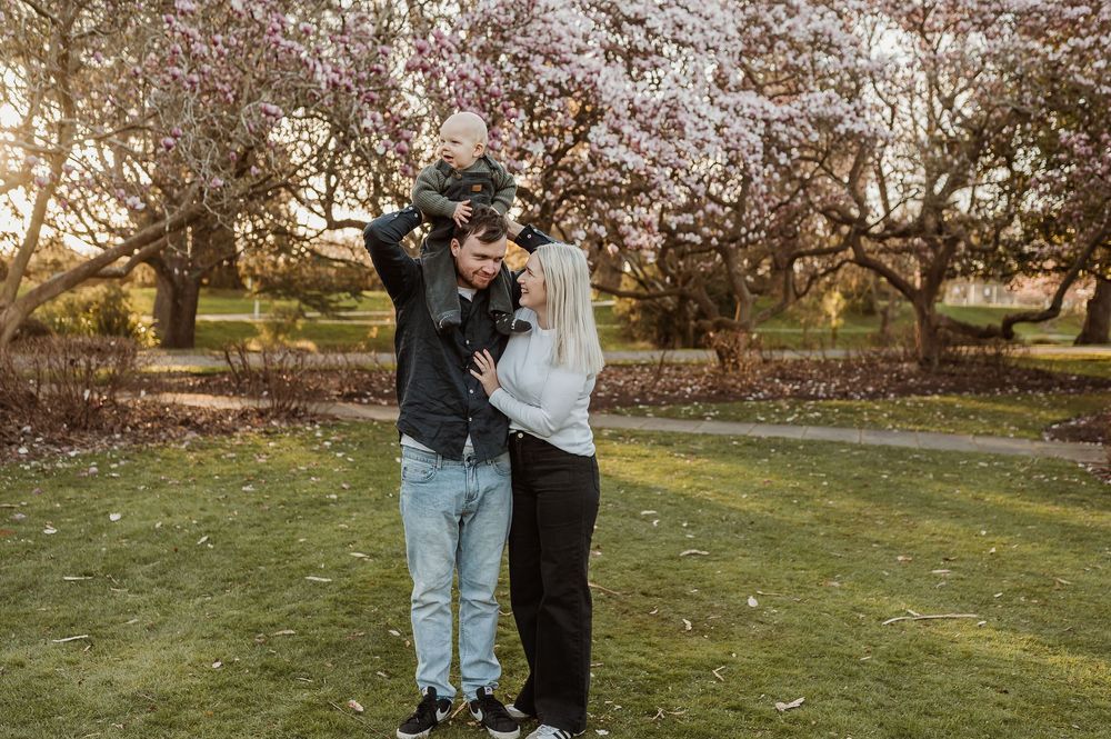 Couple embracing in a serene garden setting with blooming cherry blossom trees creating a romantic spring atmosphere.