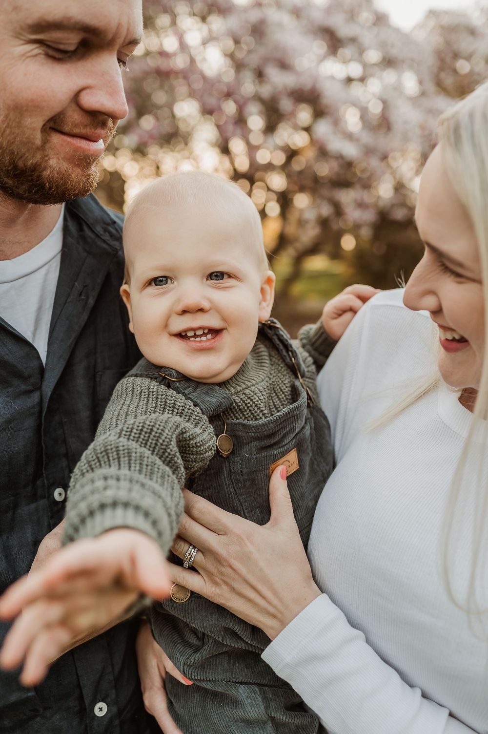 A tender moment between parents and baby captured in soft bokeh lighting with cherry blossoms in the background.