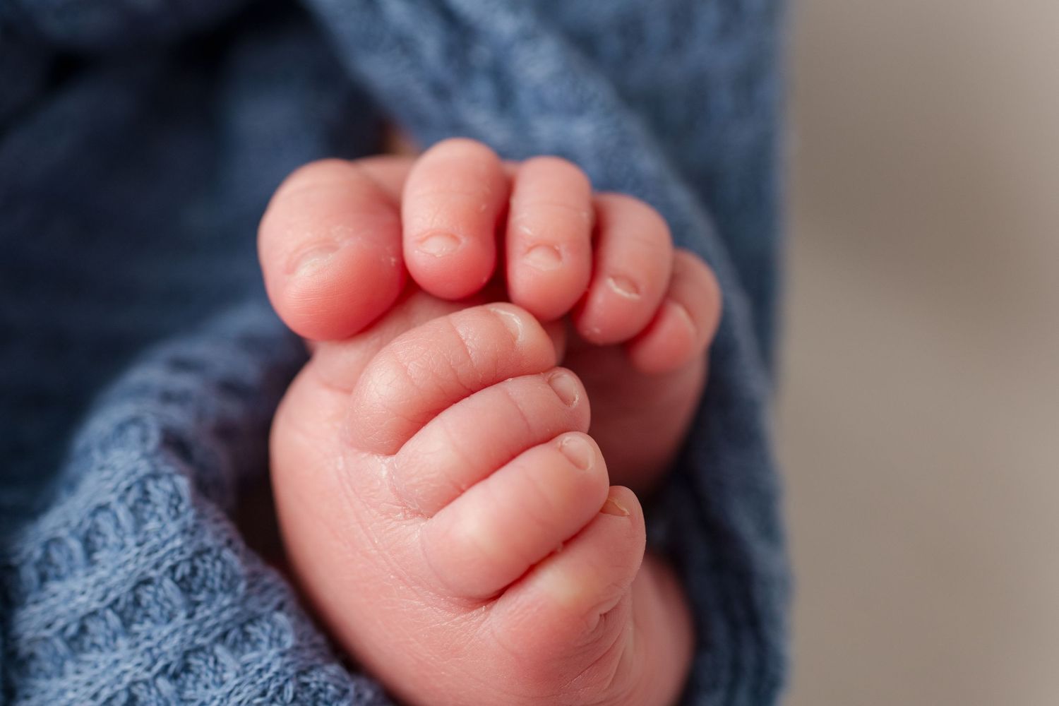 Close-up of tiny baby feet wrapped in soft blue knitted fabric.