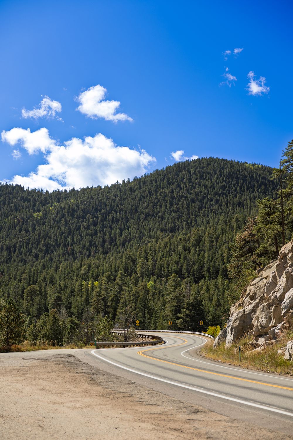 A winding mountain road curves through pine forest and rocky terrain under blue skies.