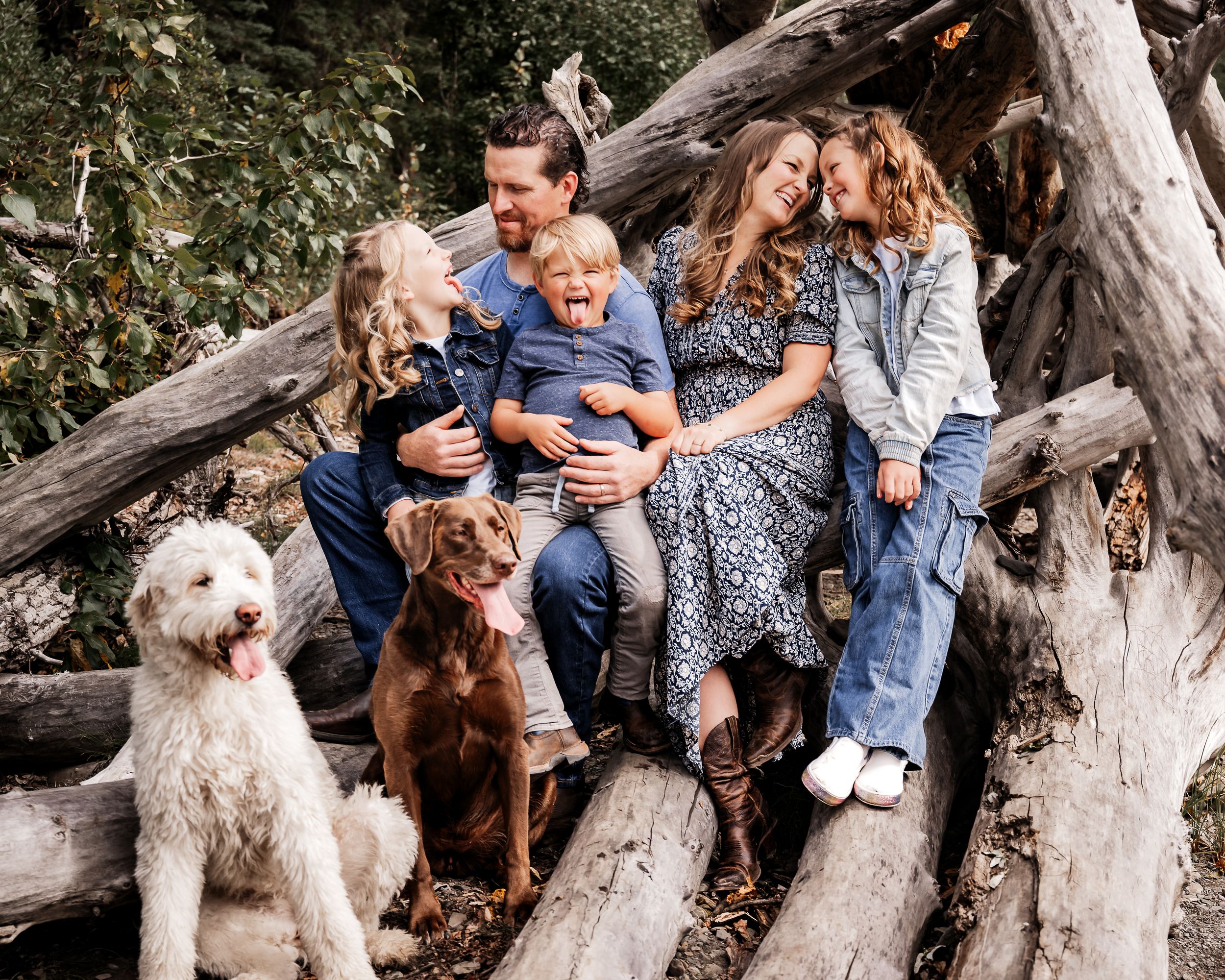 A family of 5 poses with their two dogs chocolate lab and white labradoodle against a rustic outdoor backdrop sitting on drift wood.