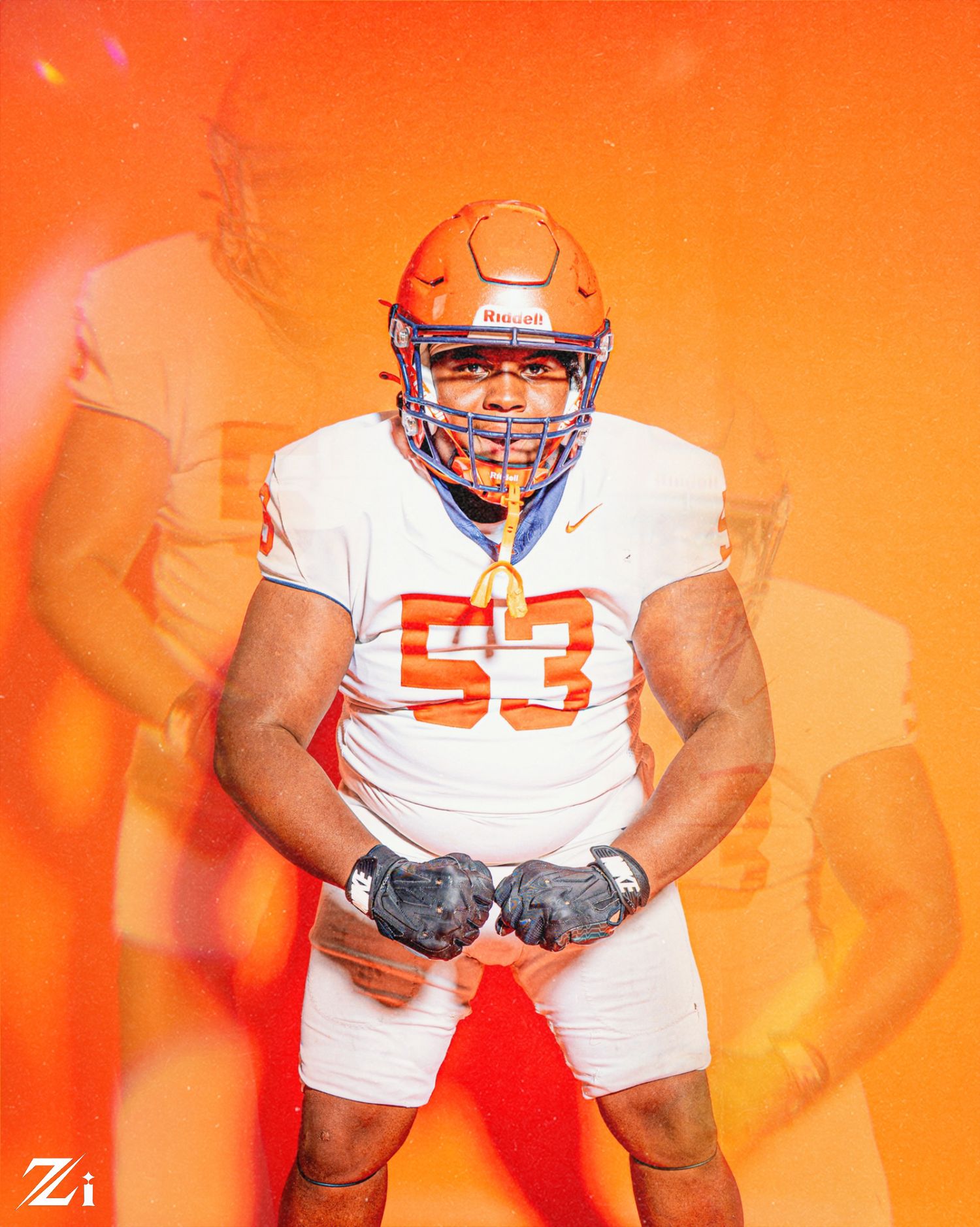 Football player in white uniform and orange helmet poses at different angles during team photo shoot.