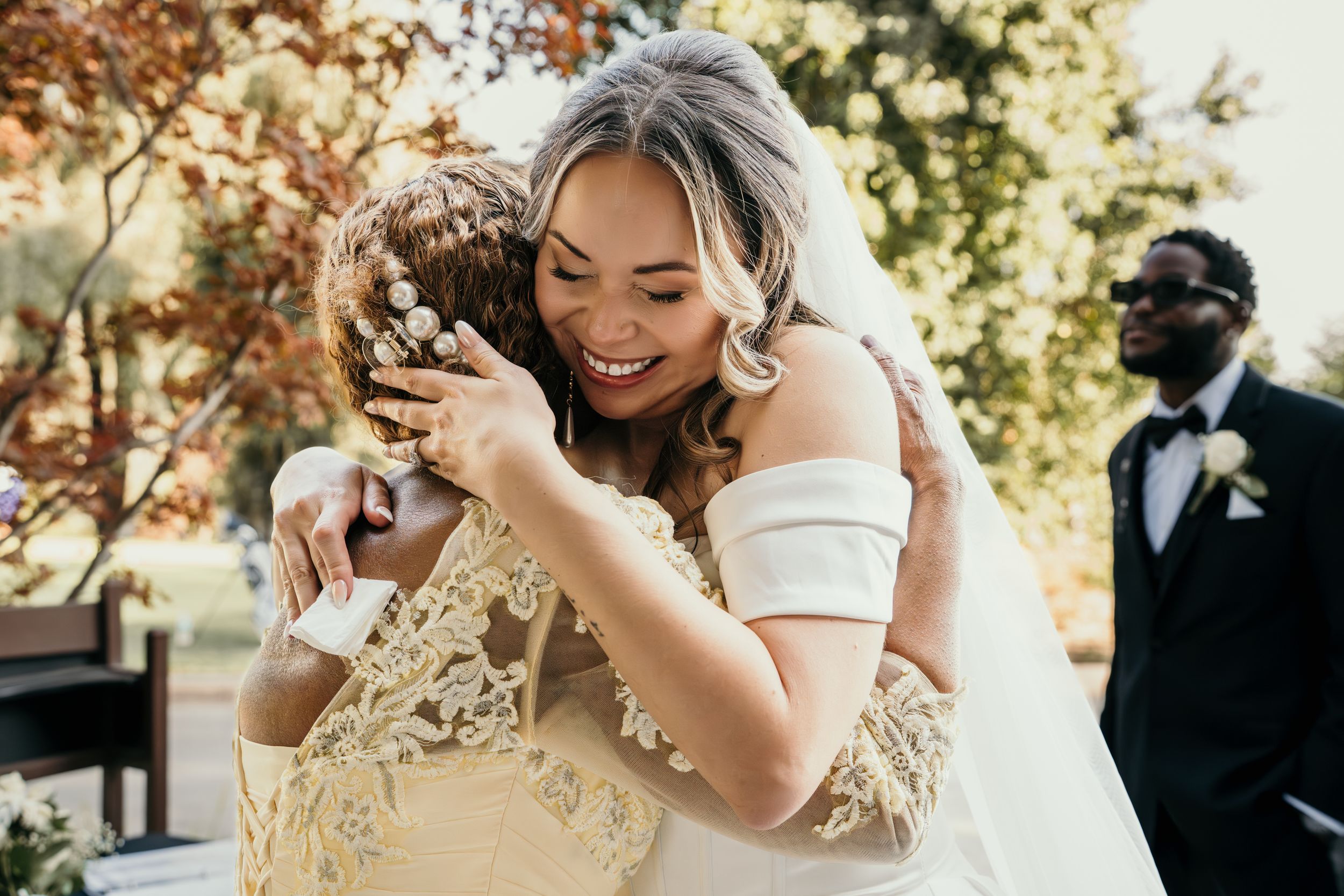 Candid wedding celebration moments captured in a series of joyful outdoor photographs.