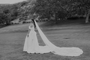 A sequential series of black and white photos showing a bride on a lawn in a flowing white wedding gown with a long train.