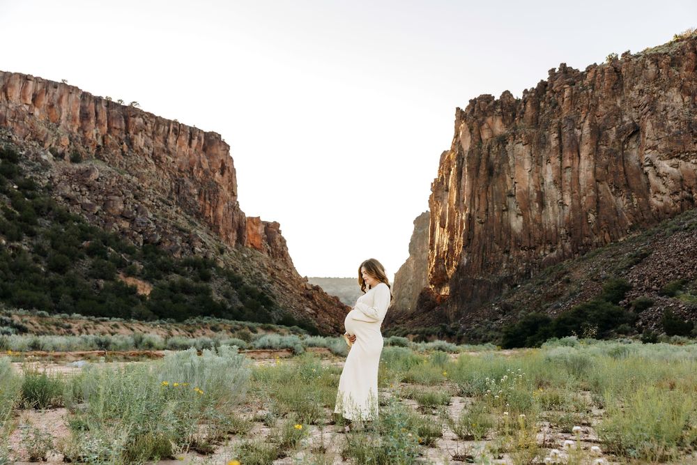 Pregnant woman in flowing white dress admiring dramatic desert canyon scenery.