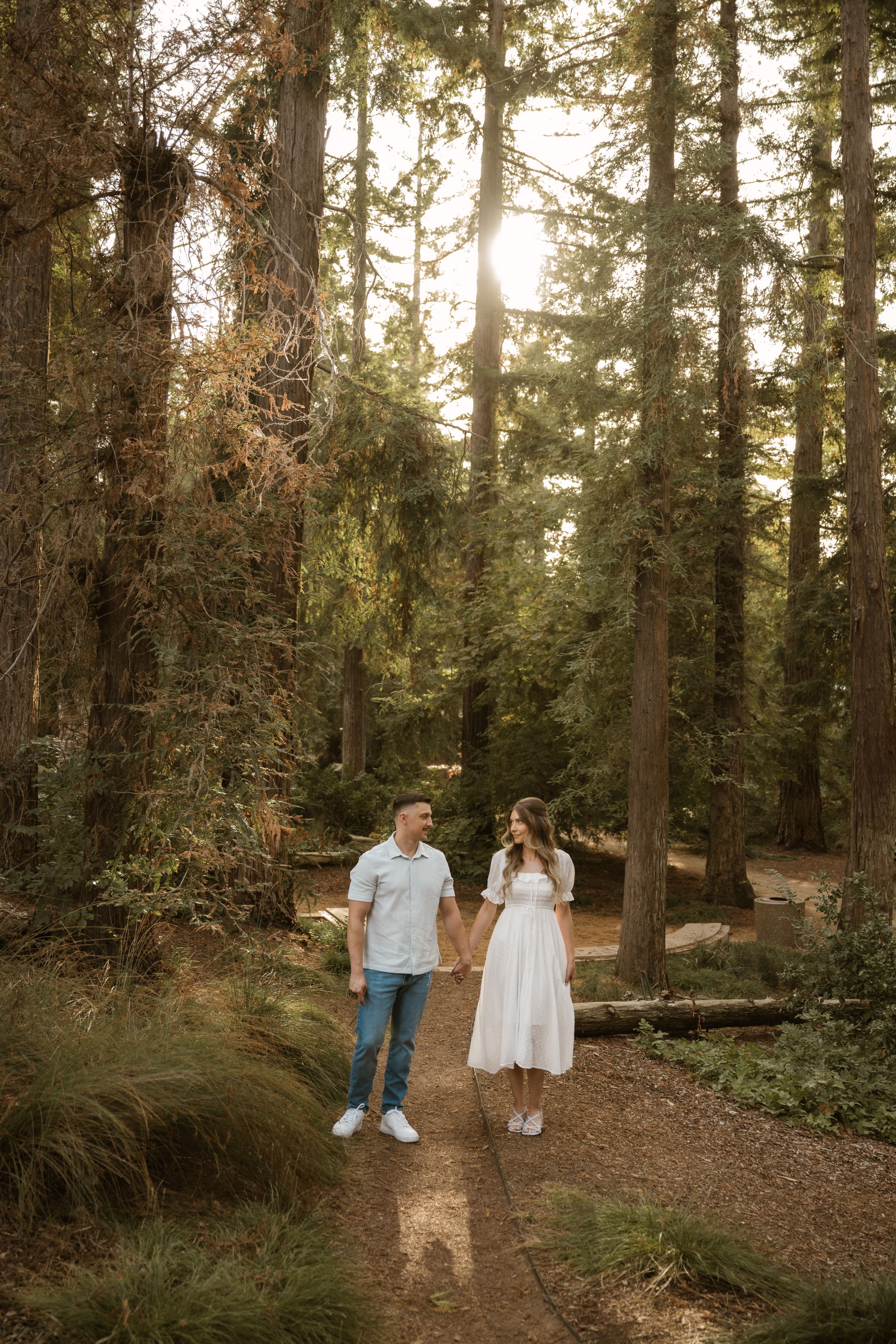 A couple strolls hand in hand along a forest path surrounded by towering evergreens.