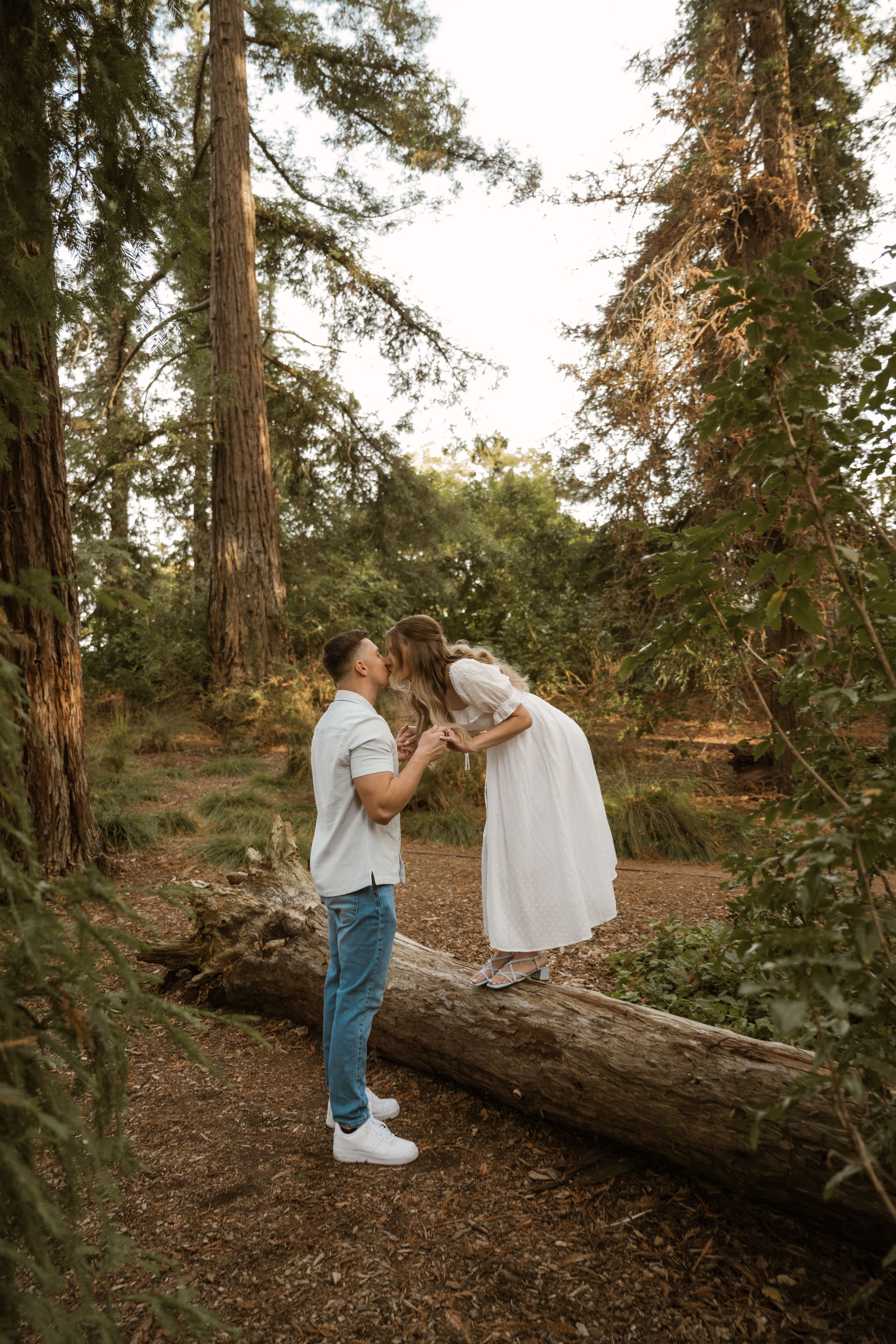 A couple helps each other balance while walking on a fallen tree trunk in the woods.