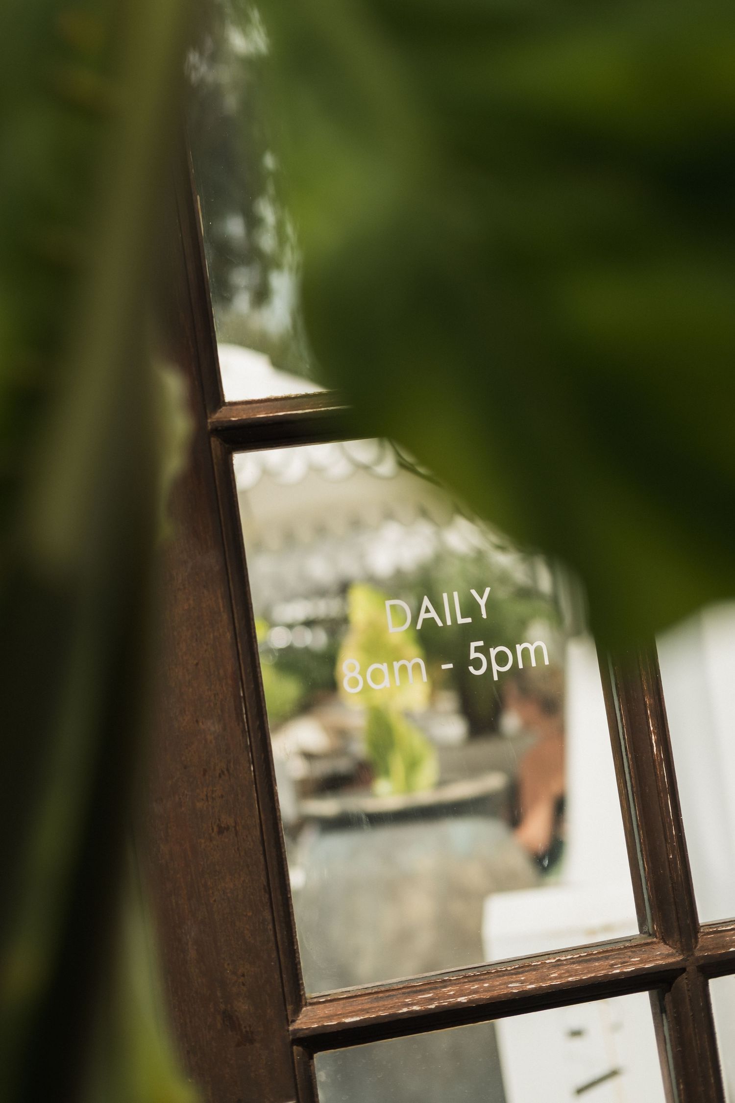 Close-up of a window frame with blurred green foliage visible through the glass.