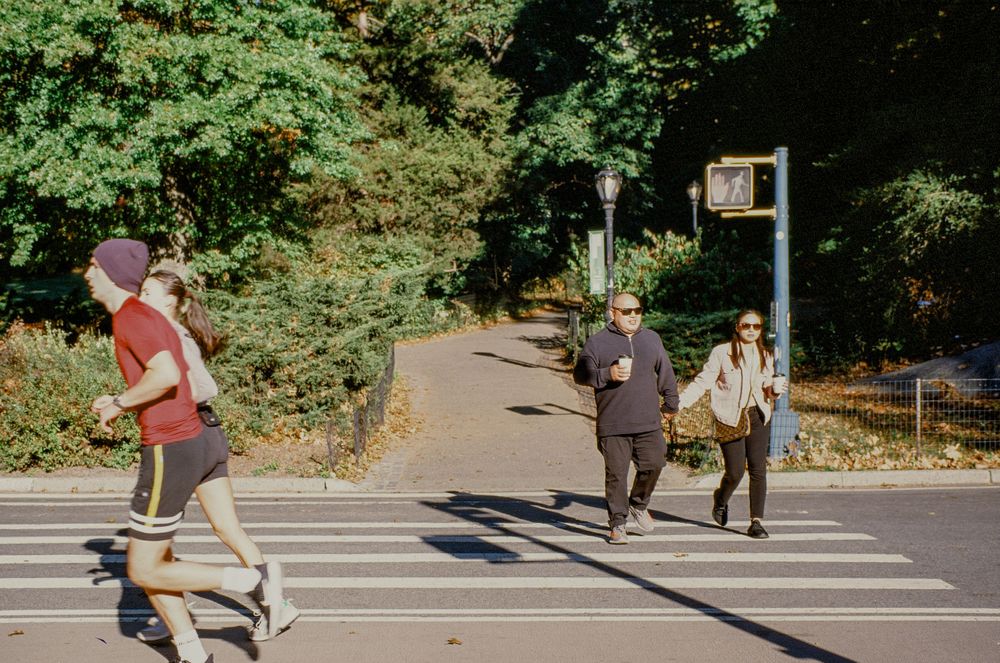 Park visitors cross a pedestrian walkway near autumn trees and recreational areas.