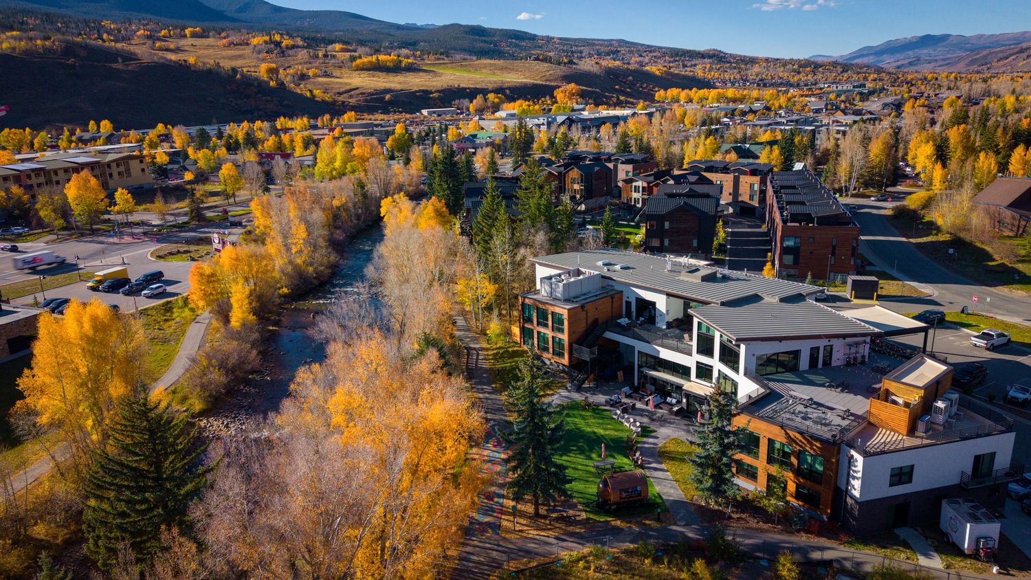 Aerial/drone photo of The Block Hotel & Commons by Denver Hospitality, Travel & Tourism photographer Captain Colorado Photography.