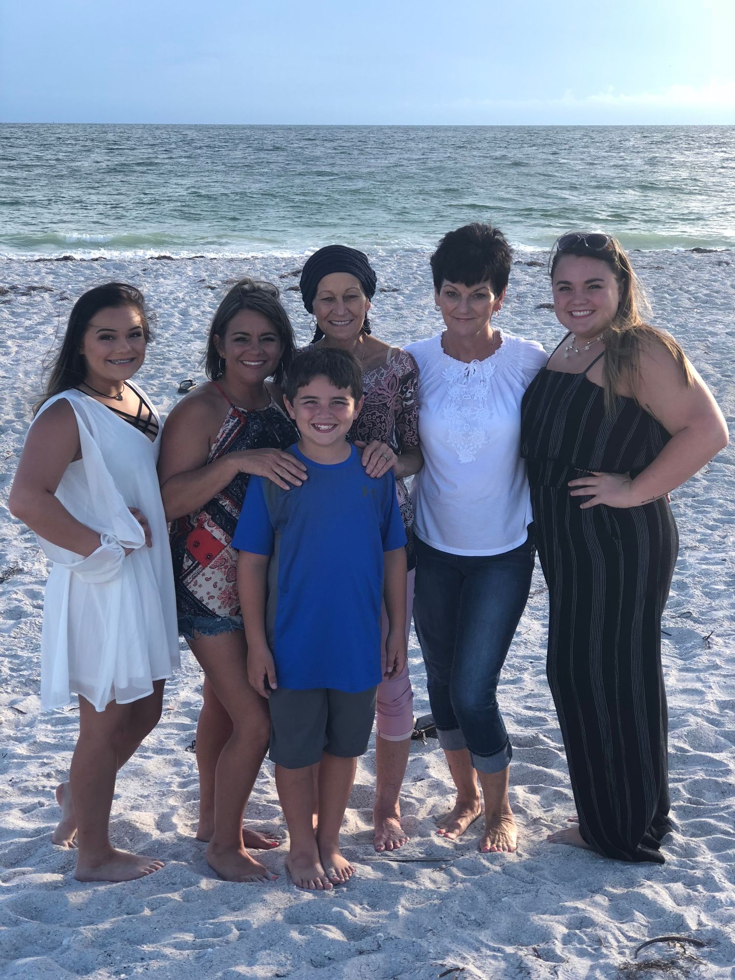 A group of friends standing together on a white sandy beach with ocean waves visible in the background.