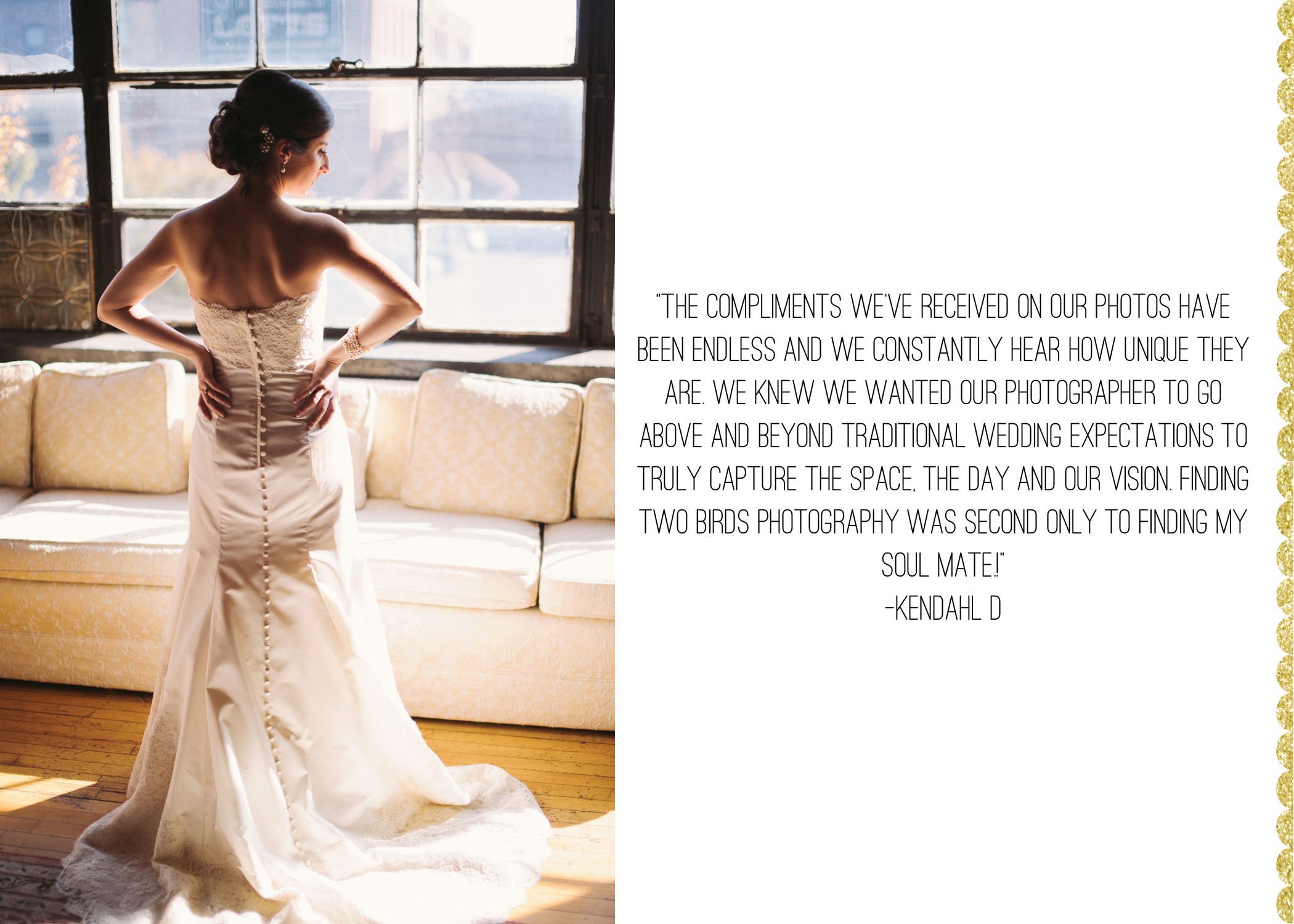 Wedding photography review talking about how unique their photos are.