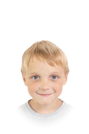 Portrait of child with blonde hair and bright eyes against white background.
