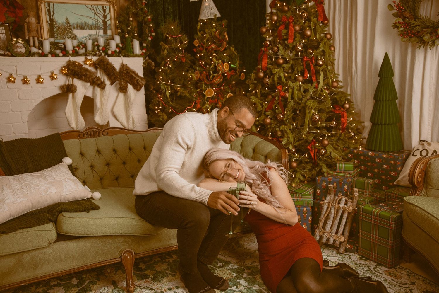 A vintage-style photo sequence showing a couple embracing near a decorated Christmas tree in a living room setting.