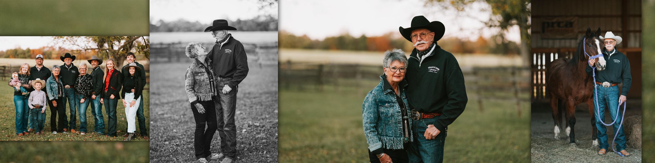A collection of outdoor family portraits arranged in a horizontal strip showing casual poses and interactions in natural settings.