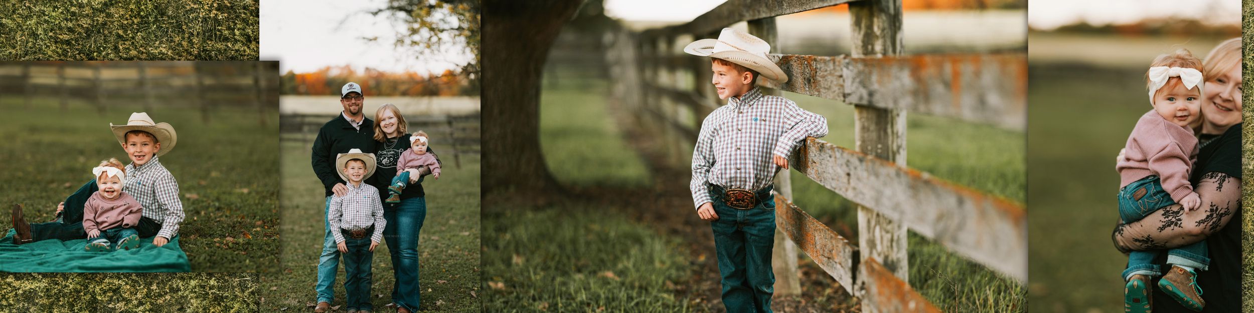 A collection of outdoor family photo session moments showing candid interactions and poses in natural settings.