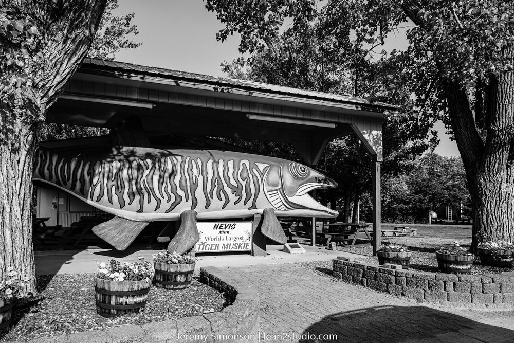 Black and white photograph shows a vintage car parked in front of a rustic cabin in a wooded setting.