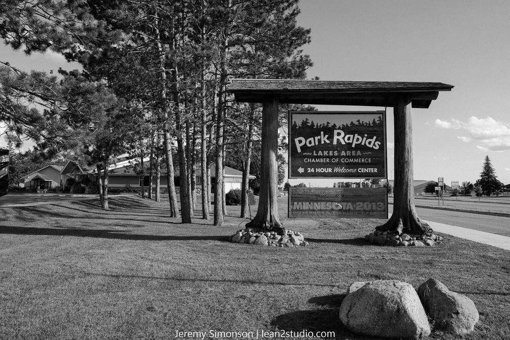 Black and white panoramic landscape of pine trees and signage along a rural road.
