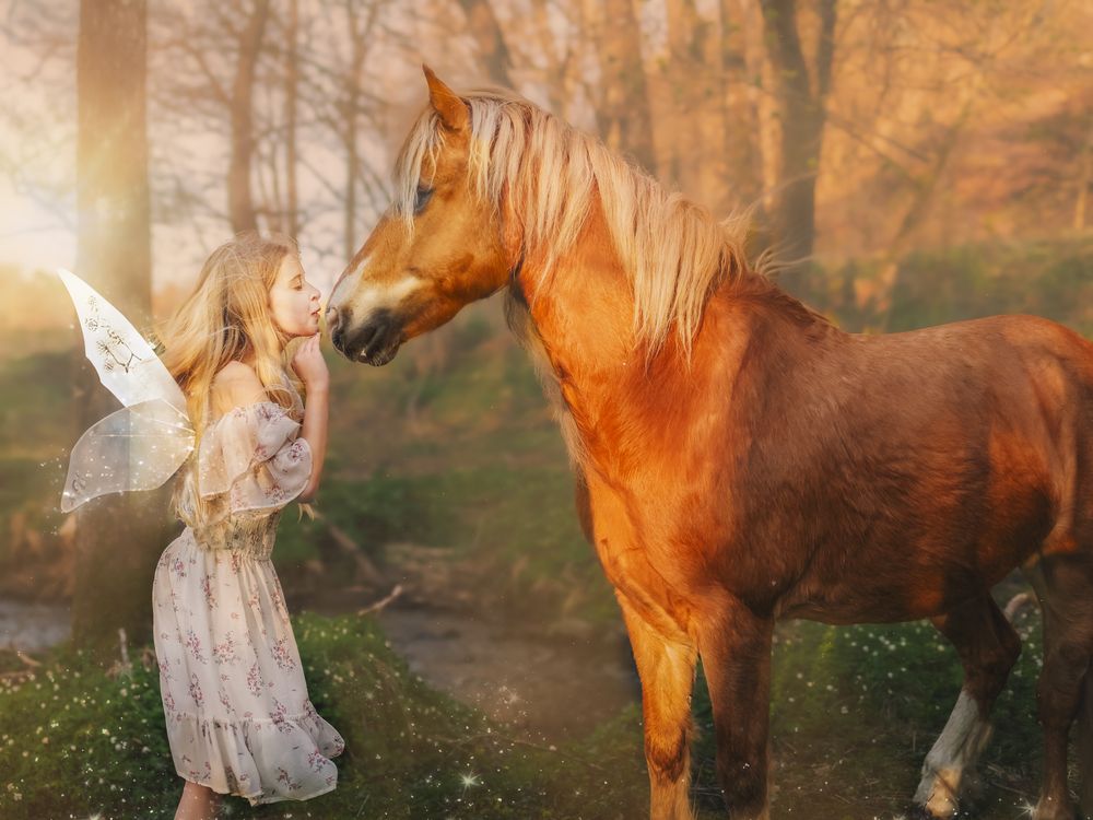 A chestnut horse stands in a misty forest path during golden hour with sunlight filtering through the trees.