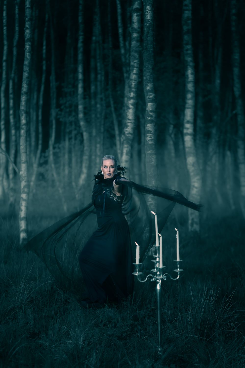 Dark atmospheric forest scene with a candelabra and shadowy figure in gothic horror style.