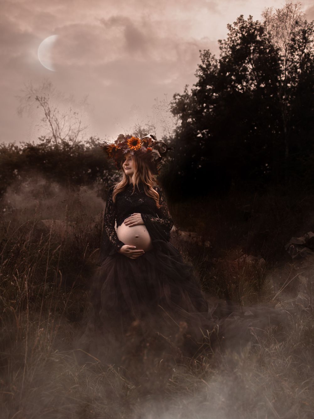 Moody artistic photo sequence showing a person in dark dress with flowing hair against misty forest background at dusk.