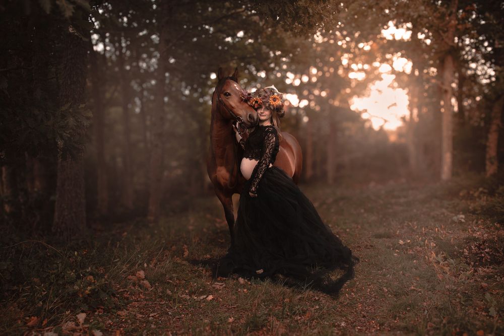 A moody autumn forest scene with fallen leaves and warm golden sunlight filtering through trees at dusk.
