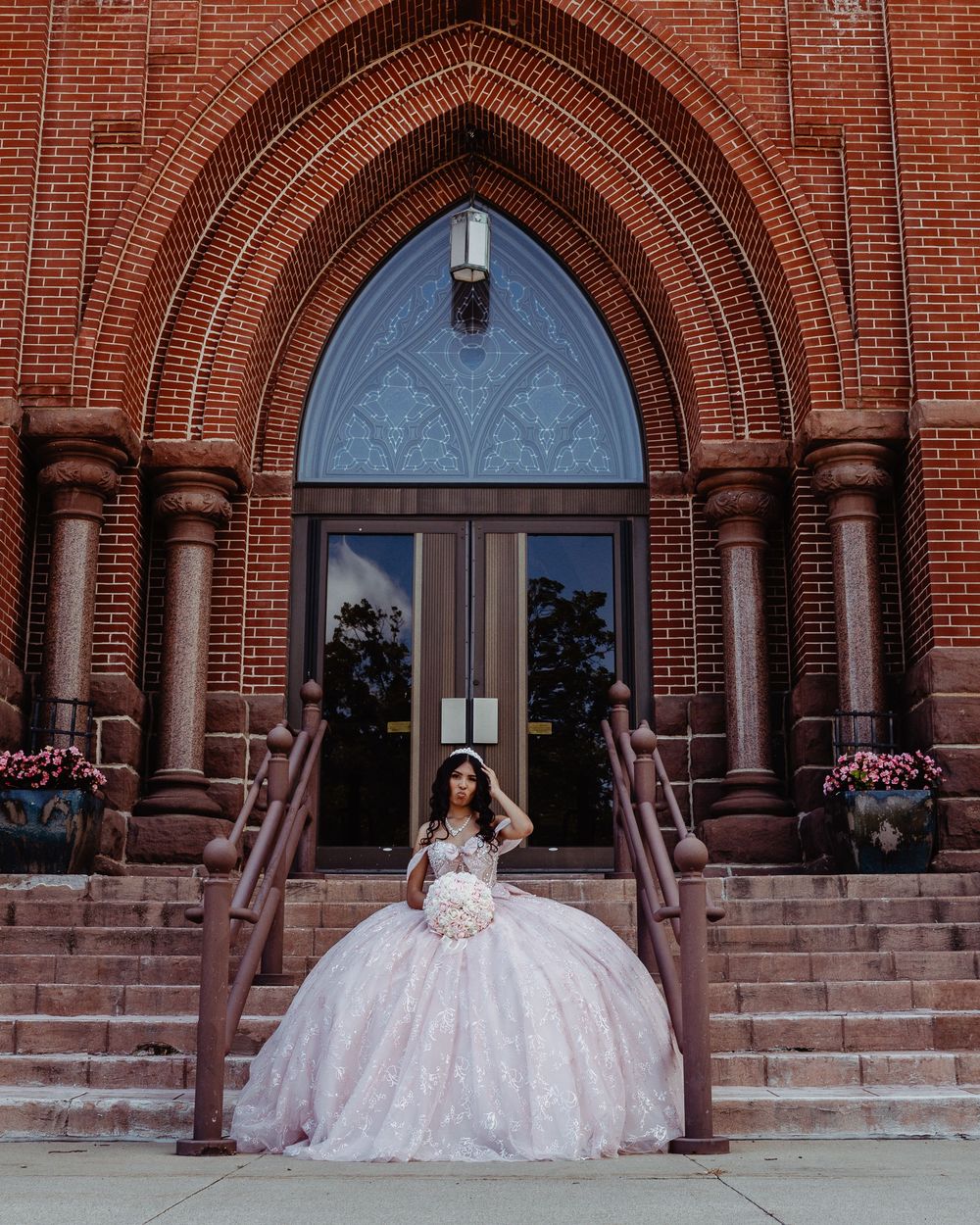A sequence of photos featuring an elegant white ball gown against red brick church architecture.