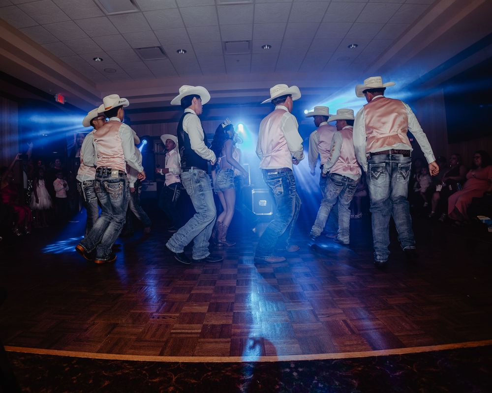 A sequence of dance floor photos with blue lighting showing people dancing at a celebration event.