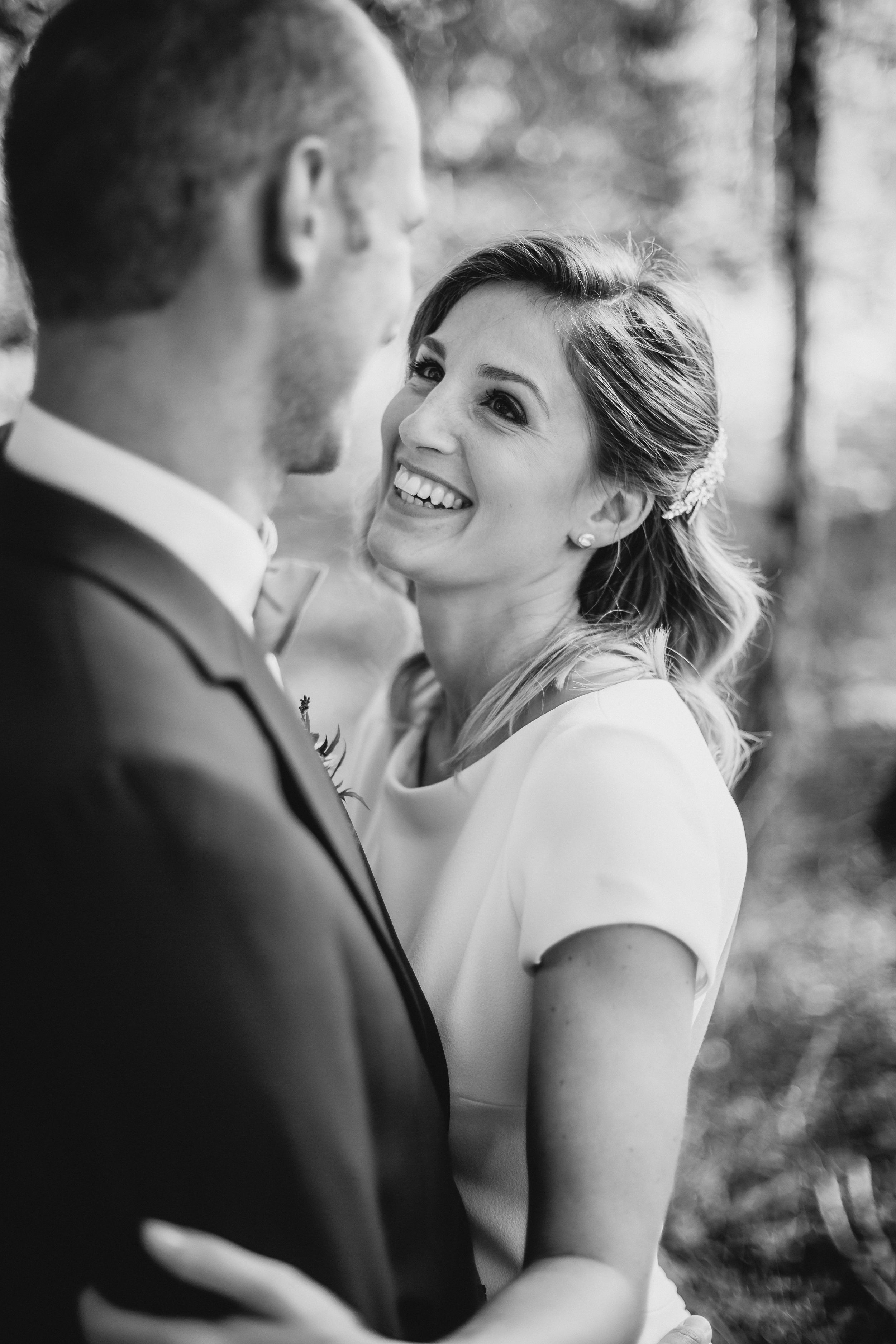 Black and white close-up wedding portraits showing genuine laughter and happiness.