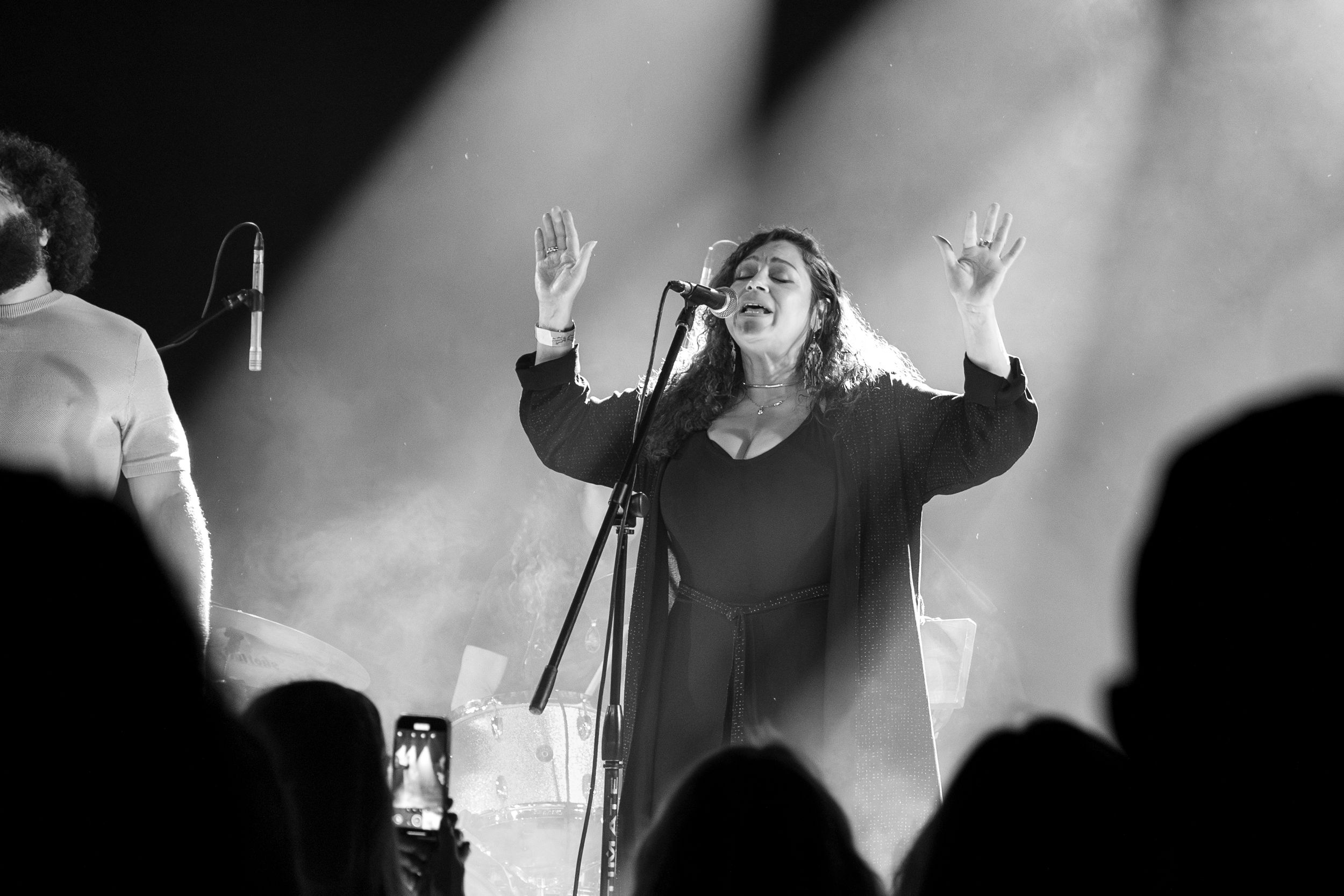 A singer performs passionately on stage with raised arms silhouetted against dramatic lighting during a concert performance.