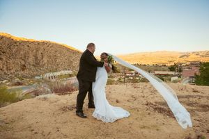 Couple in wedding attire standing at scenic desert overlook as long veil flows in wind at sunset.