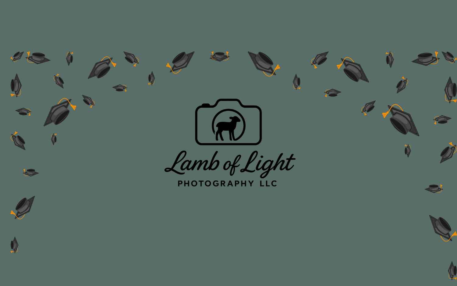 Lamb of Light Photography LLC logo surrounded by scattered graduation cap illustrations on teal background.