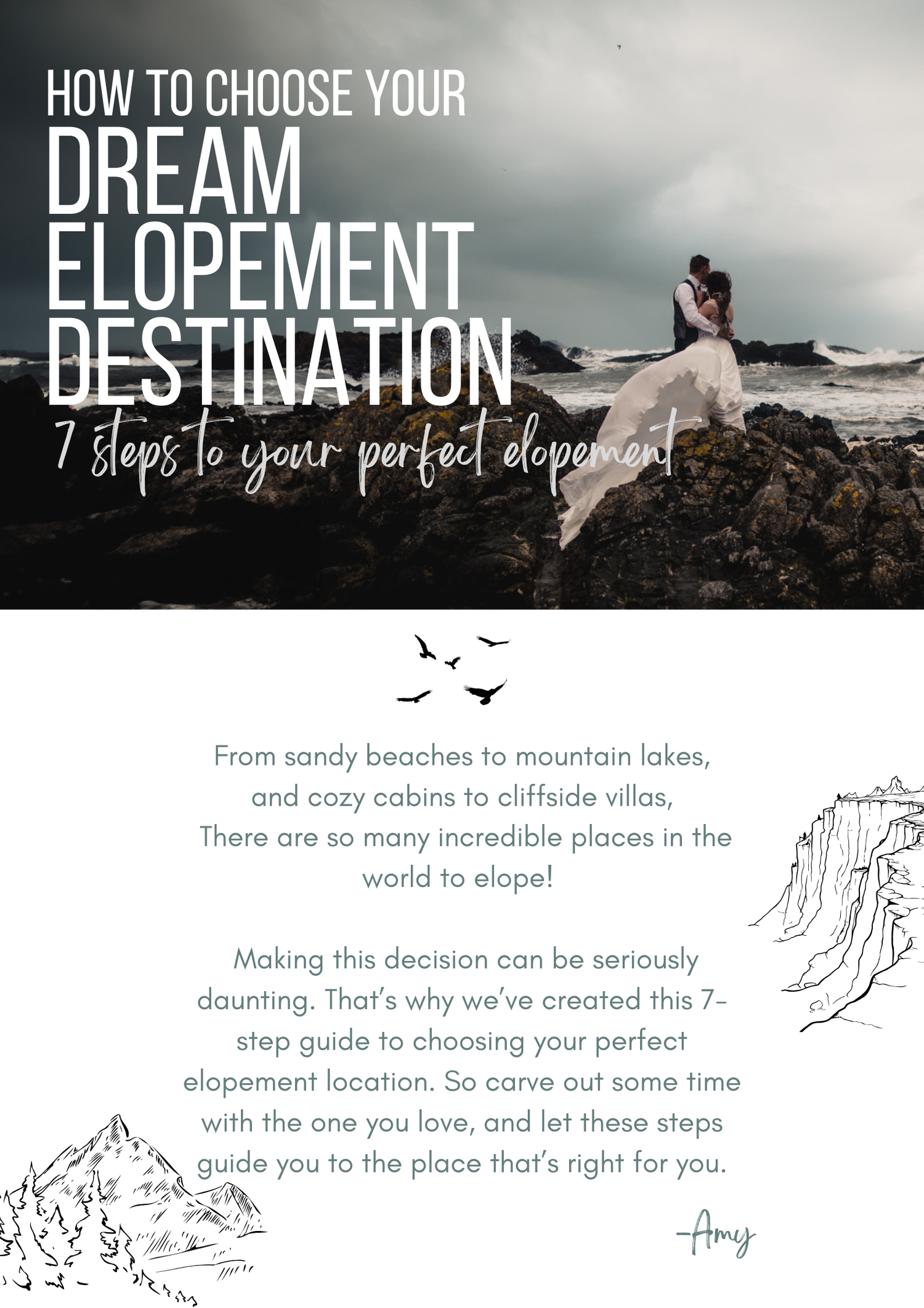 A scenic cliffside elopement photo with text overlay about choosing dream elopement destinations.