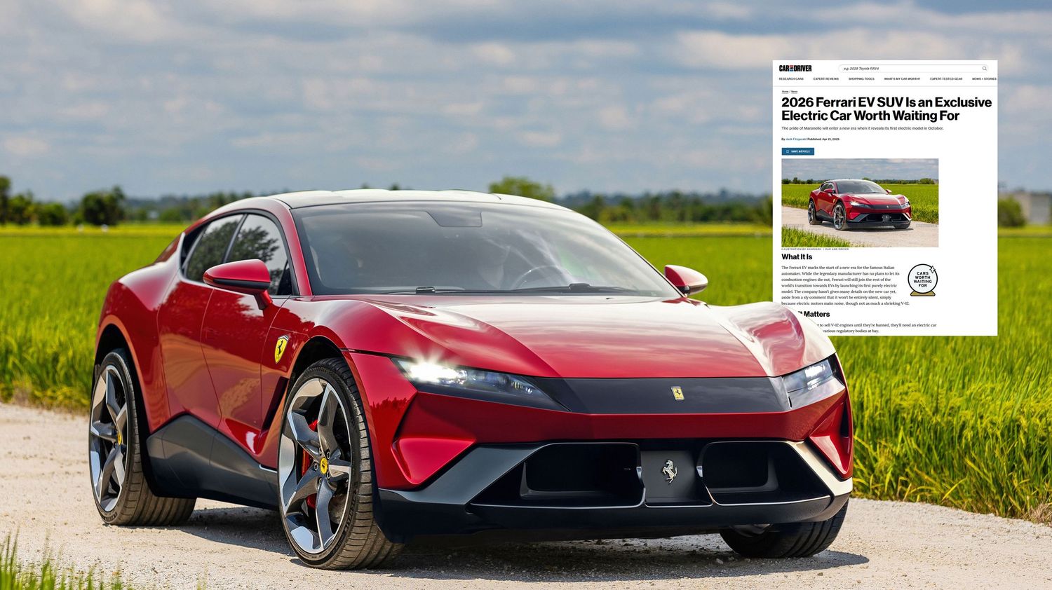 Sleek red Ferrari hypercar concept renders displayed alongside design sketch and magazine cover on red background.