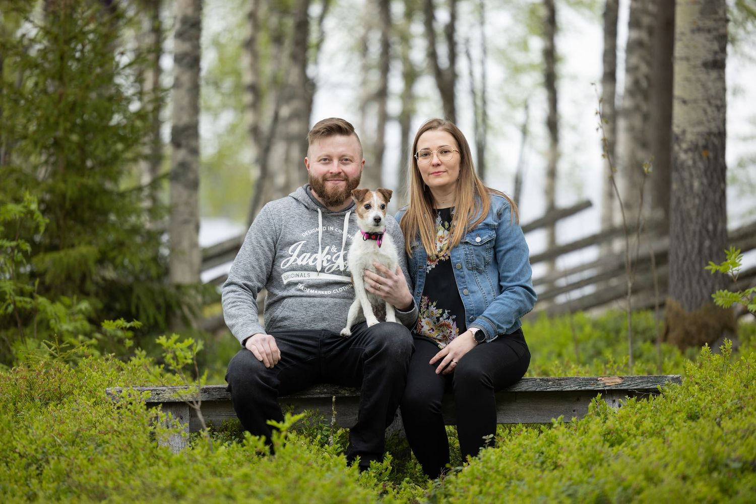 Nainen ja mies valkoisen terrierin kanssa koivikossa mustikanvarpujen keskellä