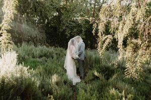 A couple shares an intimate moment in a sunlit garden with tall, flowing greenery and natural surrounding foliage.