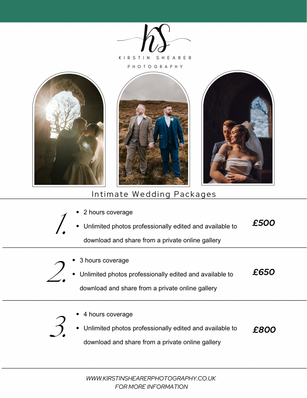 Wedding photography pricing guide showing three package tiers with elegant arch design.
