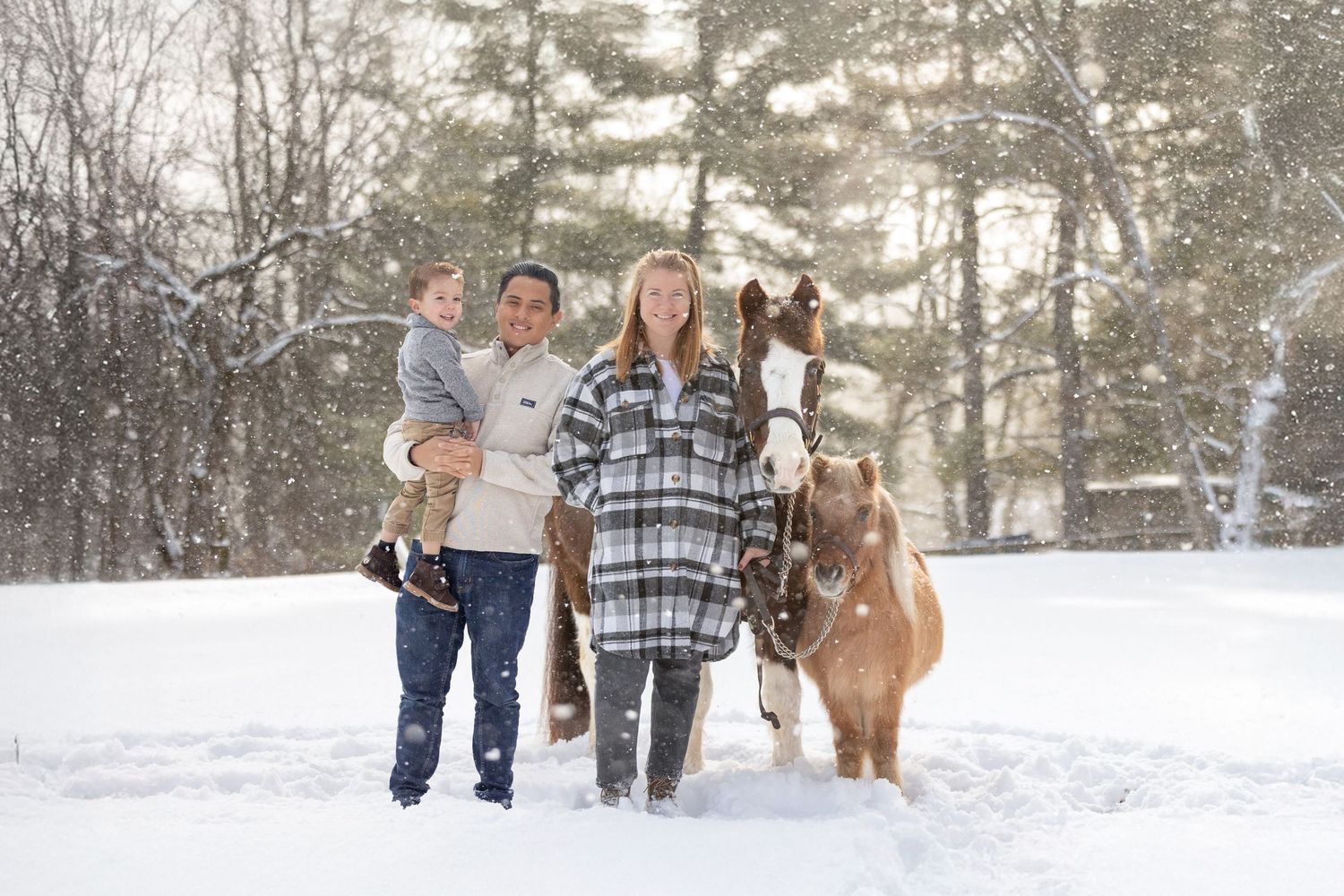 family in the snow with two ponies