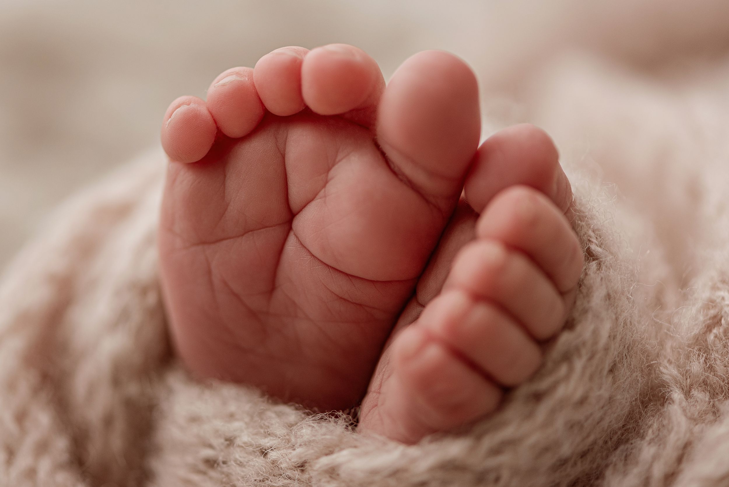 Tiny newborn baby feet with delicate toes wrapped in soft beige blanket in macro close-up.