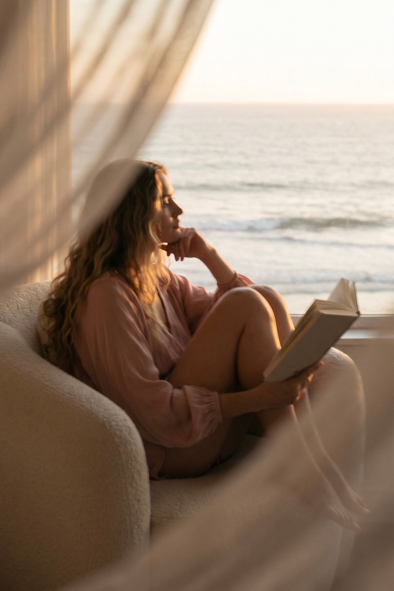 Woman in pink robe reading a book on a cozy chair by a window with a serene ocean view at sunset.