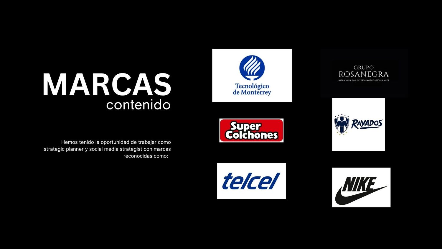 Marcas Estrategia agency slide showcasing brand logos including BBVA, Bachoco, Dominos, Evenflo, KleenBebe, Volaris, Nescafe, and Nestle.