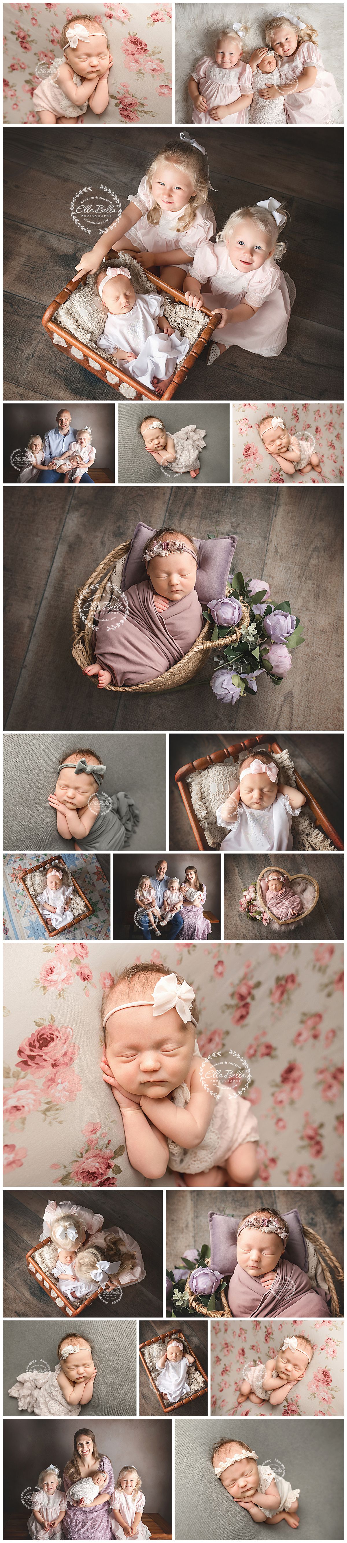 Newborn photography collage featuring a sleeping baby girl in floral, lavender, and basket setups with family and siblings.